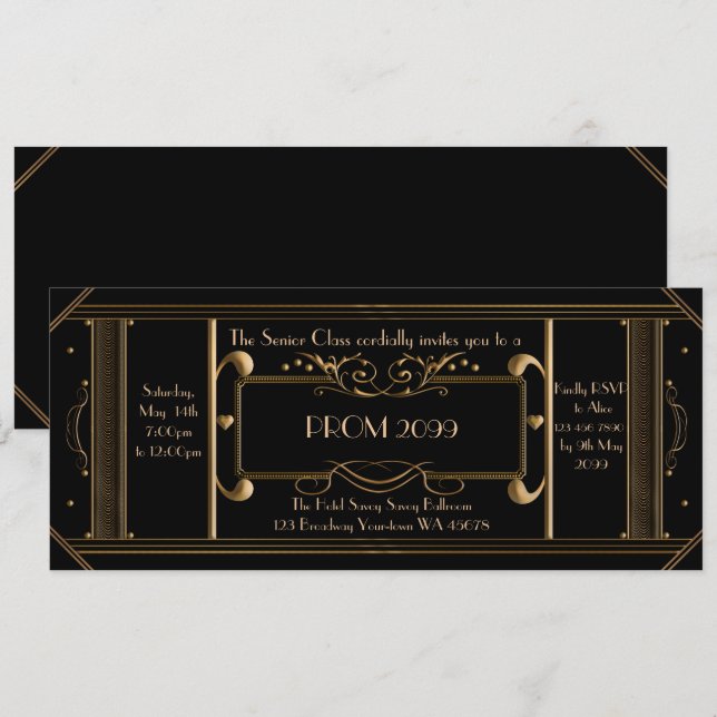 art deco prom ticket,junior prom,senior prom,black invitation (Front/Back)