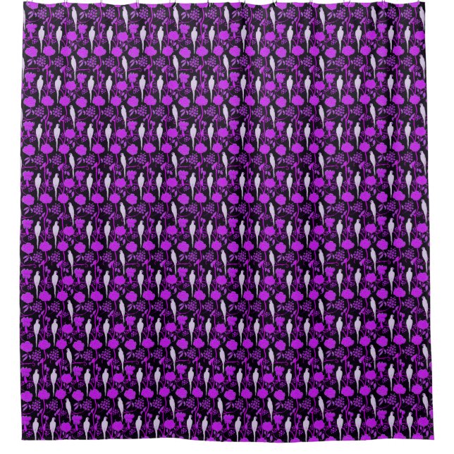 ART DECO PURPLE FLOWERS,WHITE PARROTS ON BLACK SHOWER CURTAIN (Front)