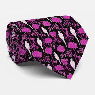 ART DECO PURPLE FLOWERS,WHITE PARROTS ON BLACK TIE