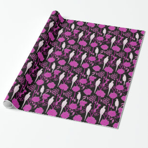 ART DECO PURPLE FLOWERS,WHITE PARROTS ON BLACK WRAPPING PAPER