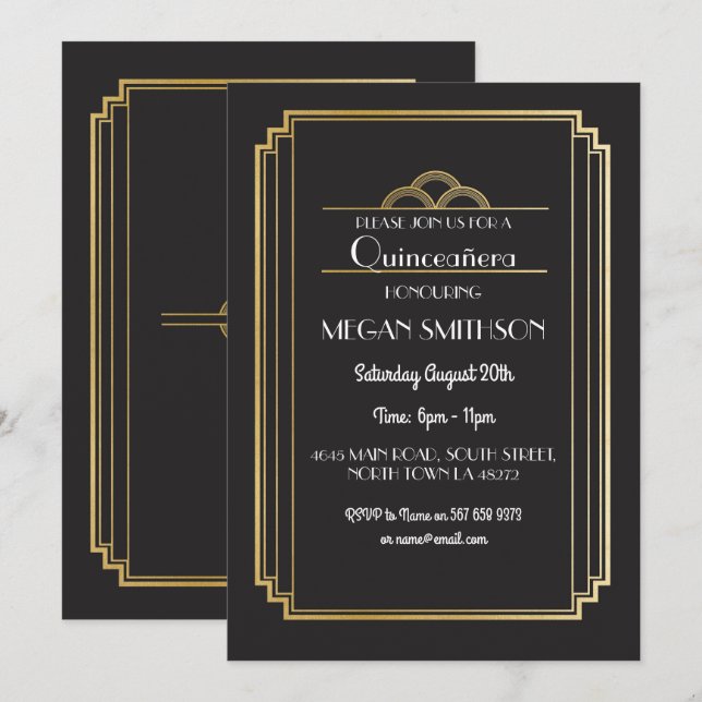 Art Deco Quinceanera Birthday Party Invite Gold 15 (Front/Back)