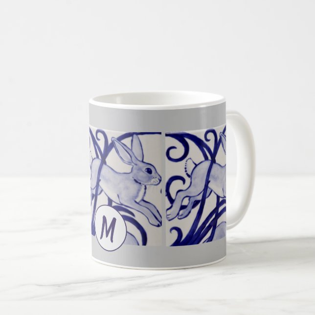 Art Deco Rabbit Hare Blue White Grey Monogram Coffee Mug (Front Right)