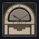Art Deco Radiola (Latte, Greige, Black, Gold) Square Wall Clock<br><div class="desc">The original digital painting on this cool clock was inspired by both a 1930's Art Deco radio design and a popular glass clock, the Franklin Golden Hour. Using various shading techniques to suggest a 3-D Bakelite clock with an outer glass border rimmed in gold and then set against a black...</div>
