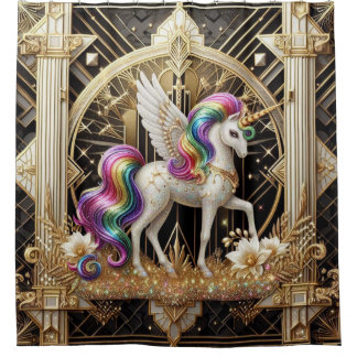 Art Deco Rainbow Faux Glitter Unicorn Shower Curtain