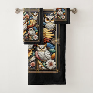 Art Deco Rainbow Owl Bath Towel Set