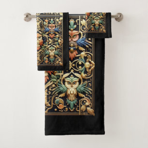 Art Deco Rainbow Owl Bath Towel Set