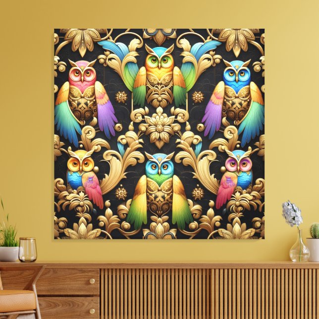 Art Deco Rainbow Owls Canvas Print (Insitu(LivingRoom))