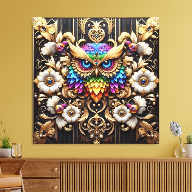 Art Deco Rainbow Owls Canvas Print (Insitu(LivingRoom))