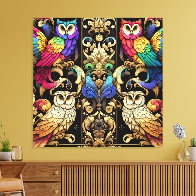Art Deco Rainbow Owls Canvas Print (Insitu(LivingRoom))