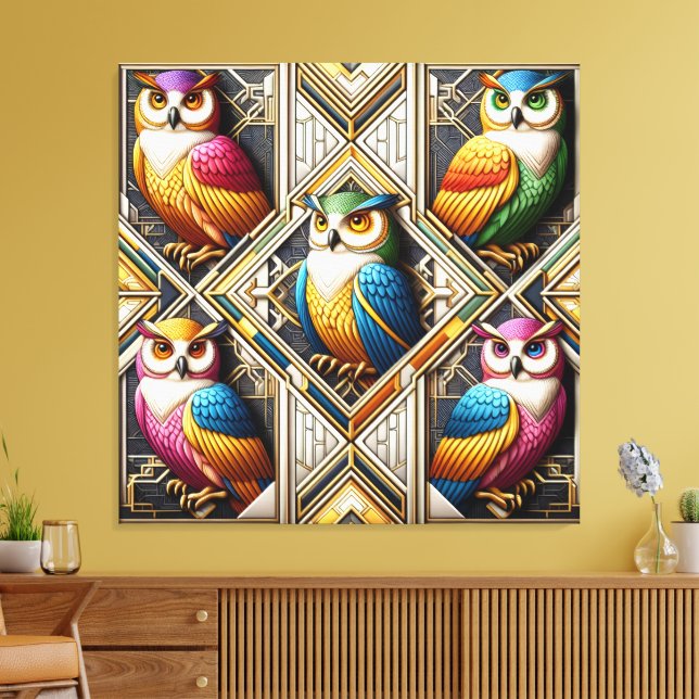 Art Deco Rainbow Owls Canvas Print (Insitu(LivingRoom))