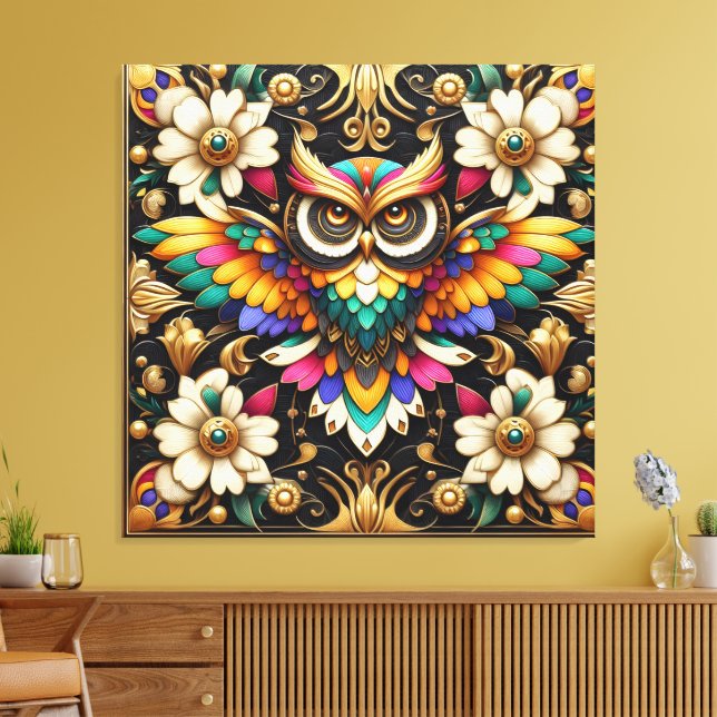 Art Deco Rainbow Owls Canvas Print (Insitu(LivingRoom))
