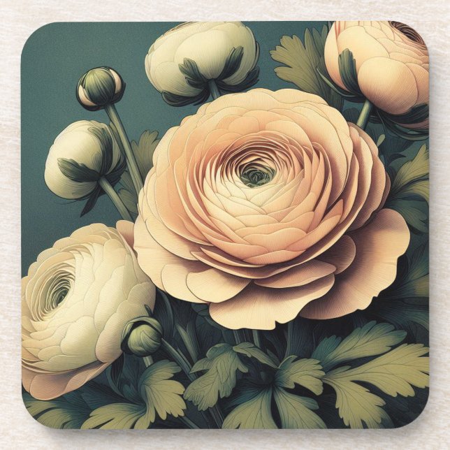 Art Deco Ranunculin Flower Hard plastic coaster se (Front)