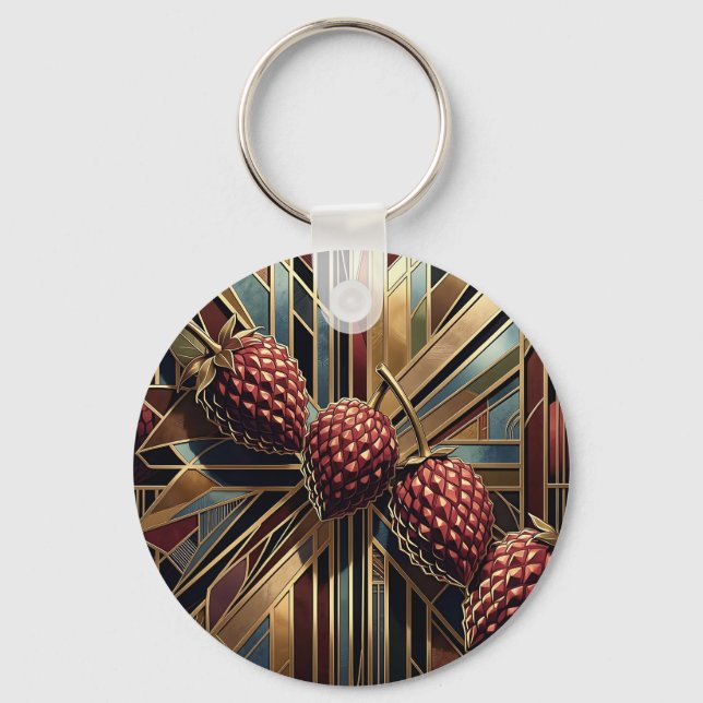 Art Deco Raspberry Geometric Gold Key Ring (Front)