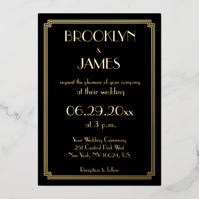 Art Deco Real Gold Foil Wedding Invitations (Front)