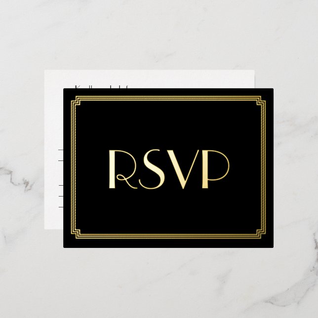 Art Deco Real Gold Foil Wedding RSVP Postcards (Front/Back)