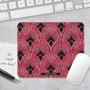 Art Deco Red Black White Classic Peacock Pattern Mouse Mat