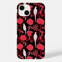 ART DECO RED FLOWERS,WHITE PARROTS ON BLACK
