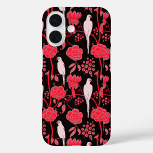 ART DECO RED FLOWERS,WHITE PARROTS ON BLACK iPhone 16 CASE