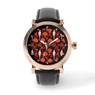 ART DECO RED FLOWERS,WHITE PARROTS ON BLACK WATCH
