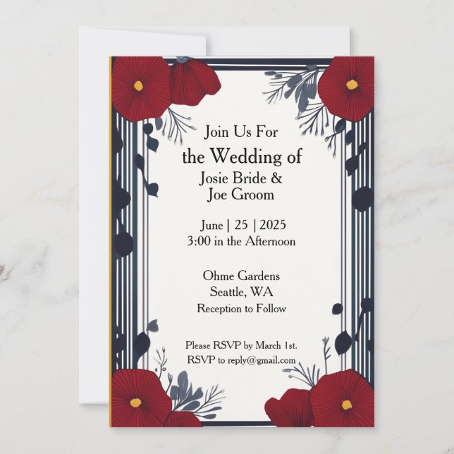 Art deco red poppies wedding invitation (Front)