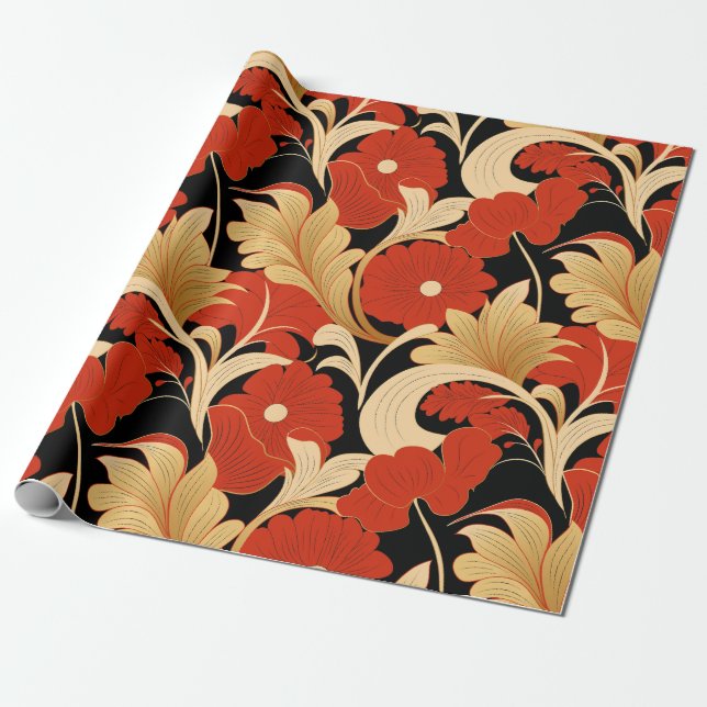 Art Deco Red Poppies Wrapping Paper (Unrolled)