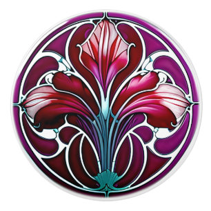 Art Deco Red Purple Stylised Lily 2 Ceramic Knob