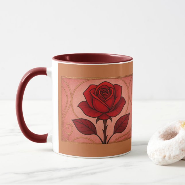 Art Deco Red Rose Maroon Combo Mug (With Donut)