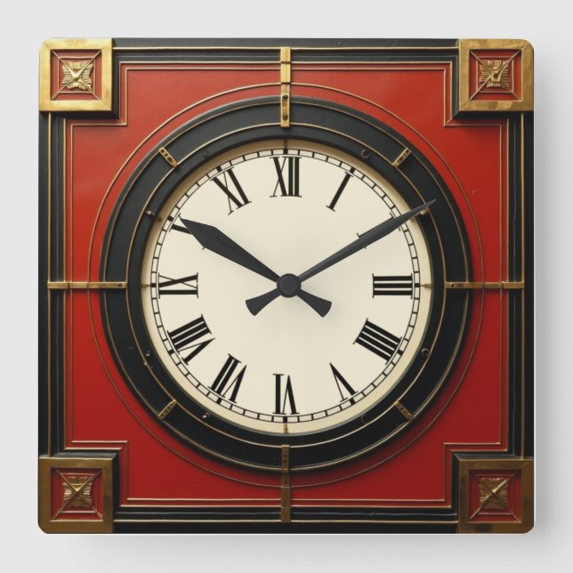 Art Deco Red Square Wall Clock (Front)
