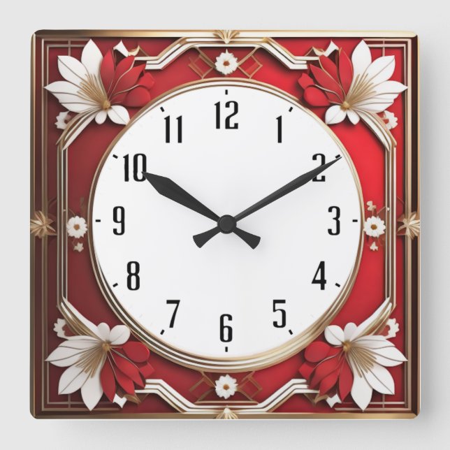 Art Deco Red Square Wall Clock (Front)