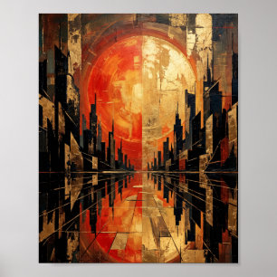 Art Deco Red Sun Geometric City Skyline Painting Poster