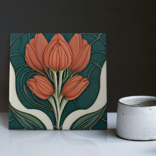 Art Deco Red Tulips Green Wall Decor Art Nouveau Tile