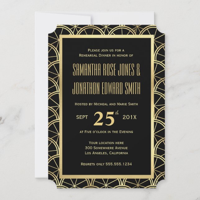 Art Deco Rehearsal Dinner Invitation Black & Gold (Front)
