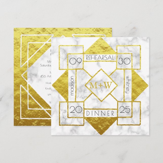 Art Deco Rehearsal Dinner Wedding Marble Gold Foil Invitation (Front/Back)