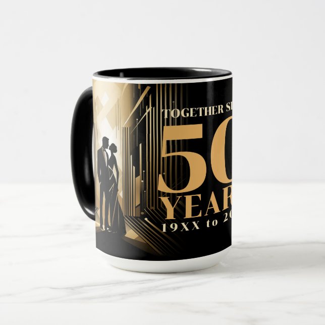 Art Deco Retro Black & Gold Wedding Anniversary Mug (Front Left)