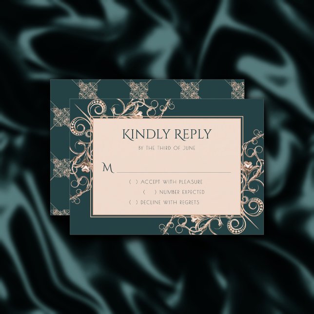 Art Deco Retro | Forest Green Rose Gold Ornamental RSVP Card (Creator Uploaded)