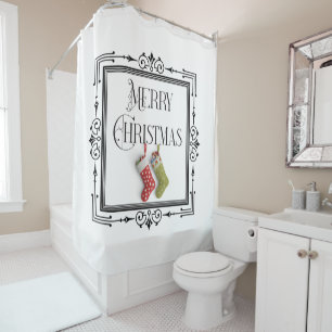 Art Deco Retro Frame Merry Christmas Stockings Shower Curtain