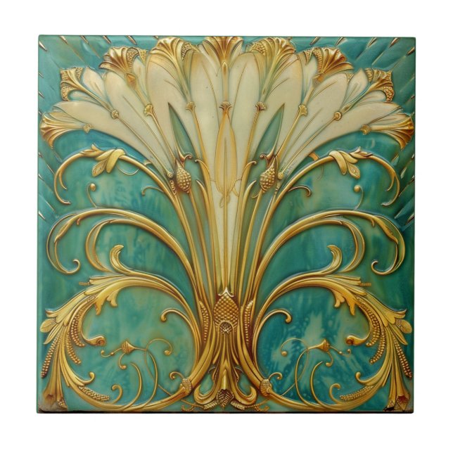 Art Deco Retro Gold Turquoise Trumpet Flower Tile (Front)