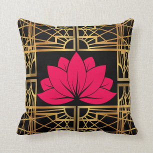 Art Deco Retro Lotus (save & black) Cushion