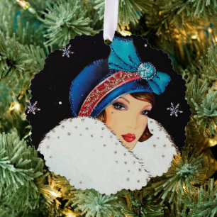 Art Deco retro vintage add text lady  Tree Decoration Card