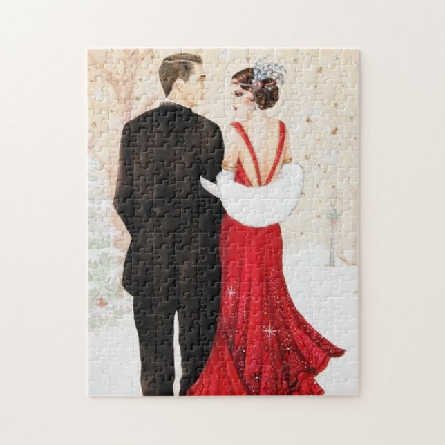 art deco retro vintage Christmas couple Jigsaw Puzzle (Vertical)
