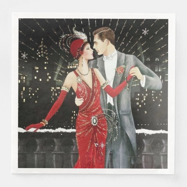 art deco retro vintage Christmas couple party Napkin (Front)