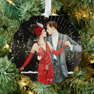 Art Deco retro vintage Christmas couple Tree Decoration Card