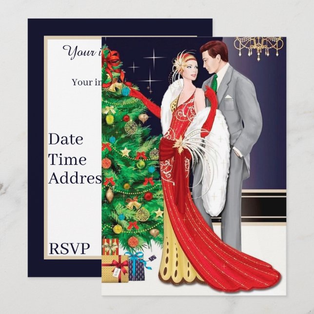 art deco retro vintage christmas holiday invitation (Front/Back)