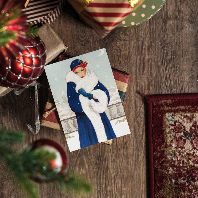 Art deco retro vintage Christmas lady add message Holiday Card (Creator Uploaded)