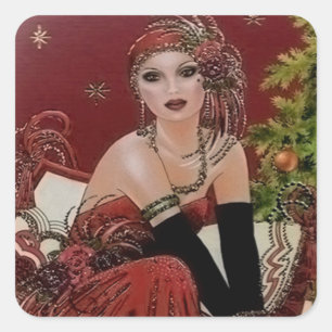 Art deco retro vintage Christmas lady Holiday Square Sticker