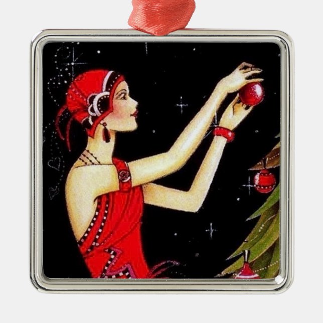 art deco retro vintage Christmas lady Metal Tree Decoration (Front)