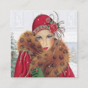 art deco retro vintage Christmas lady Square Business Card