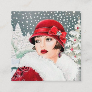 art deco retro vintage Christmas lady Square Business Card
