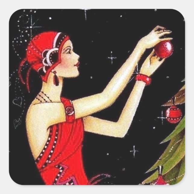 Art deco retro vintage Christmas lady sticker (Front)
