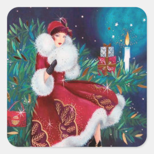 Art deco retro vintage Christmas lady sticker